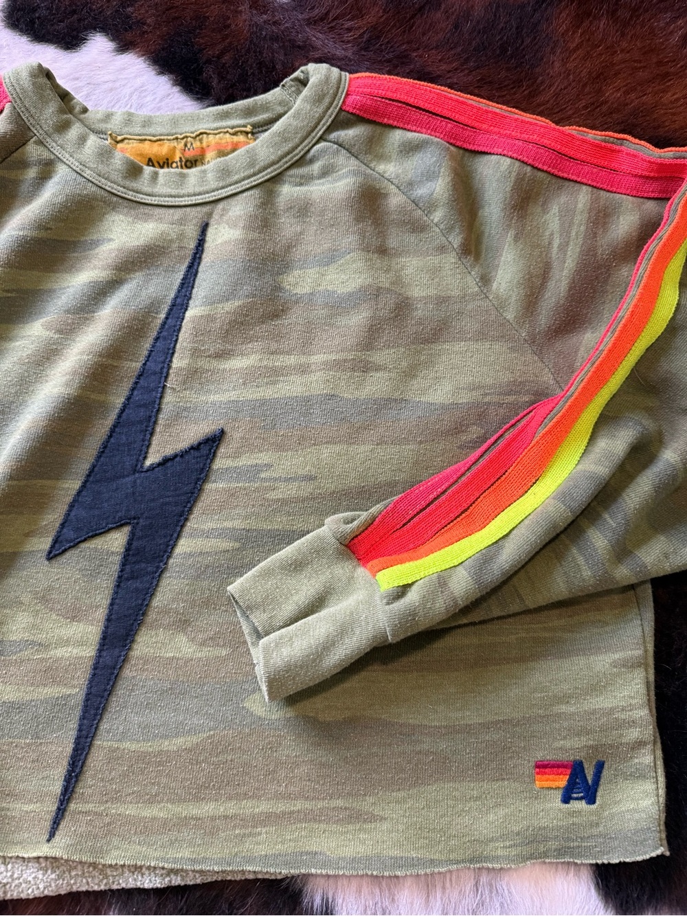 Aviator Nation Olive Lightning Bolt Sweatshirt with Neon Stripe Sleeves - Picture 3 of 5